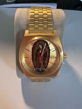 Nixon Gold-Tone Watch with Virgen de Guadalupe Dial and Red Second Hand